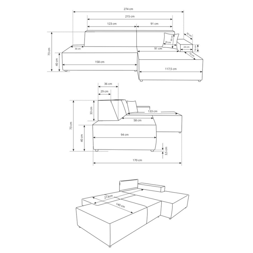 Canapé d'angle convertible en L TERAMO avec coffre de rangement, angle droit, beige