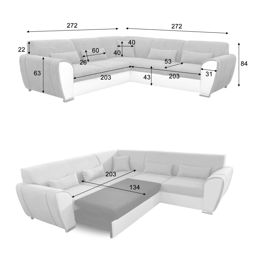 Canapé d'angle convertible en L VISEU, version gauche, gris/noir, avec coffre de rangement