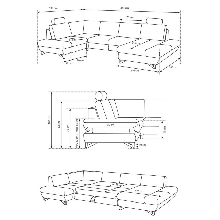 Canapé d'angle convertible en U rembourré AVESTA, gris, avec coffre de rangement