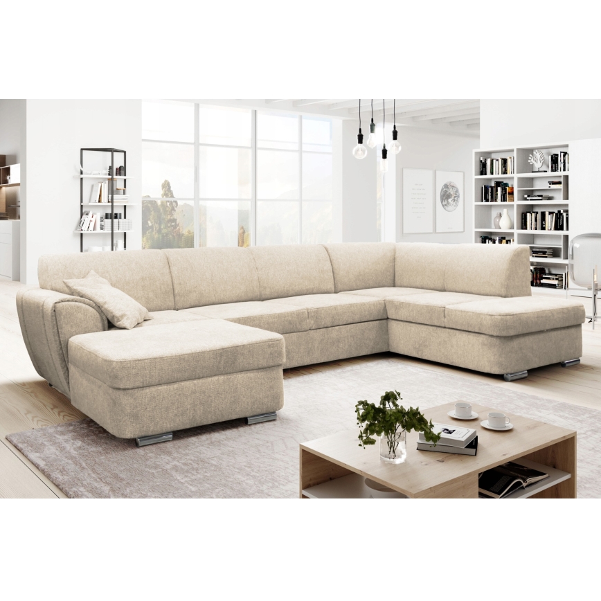 Canapé d'angle convertible en U SERPA avec coffre de rangement, côté droit, beige