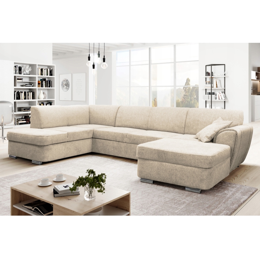 Canapé d'angle convertible en U SERPA avec coffre de rangement intégré — version gauche, beige