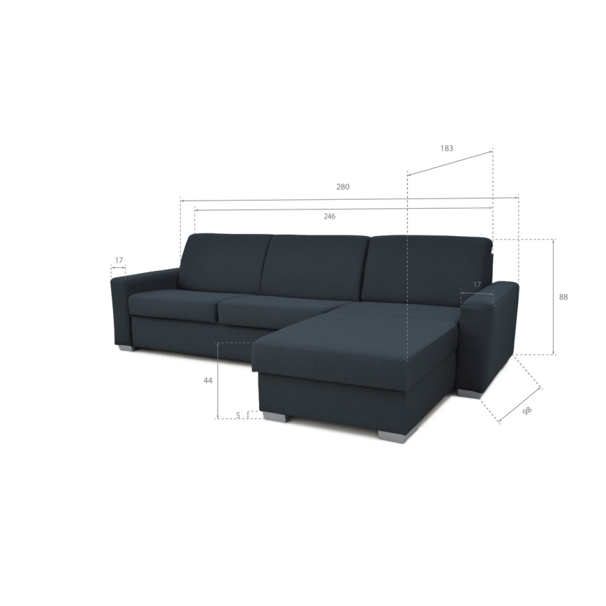 Canapé d'angle convertible en L LEKA droit bleu avec rangement, idéal pour un couchage quotidien
