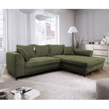 Canapé d'angle convertible LAGOA en L, avec coffre de rangement, angle droit, vert