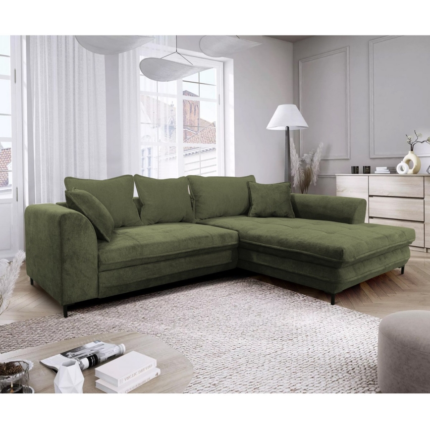 Canapé d'angle convertible LAGOA en L, avec coffre de rangement, angle droit, vert