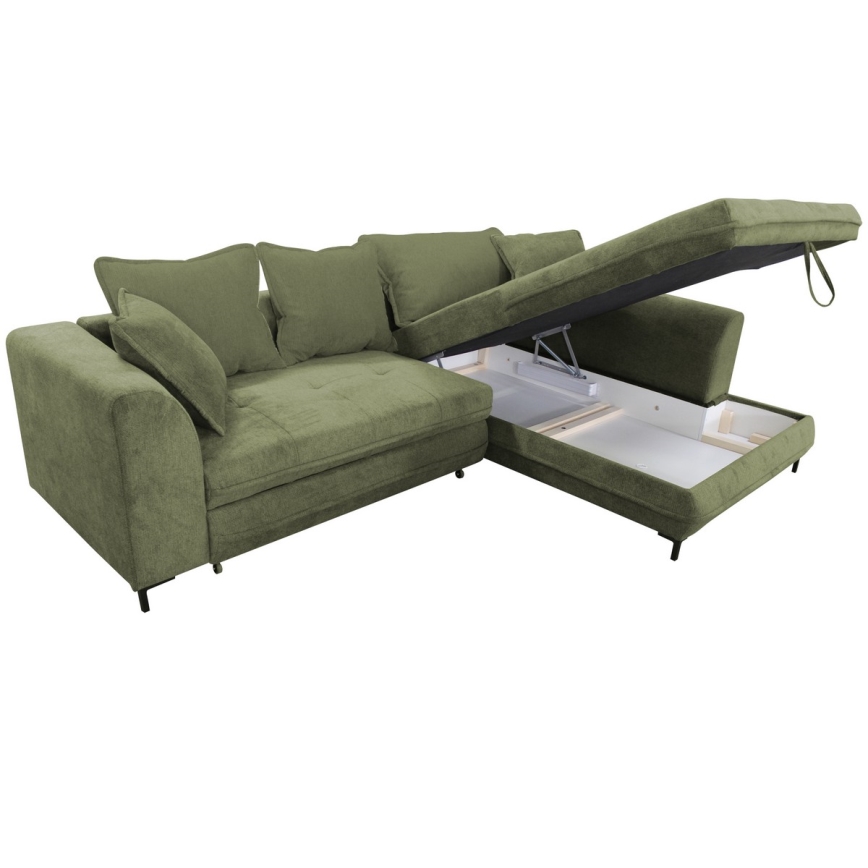 Canapé d'angle convertible LAGOA en L, avec coffre de rangement, angle droit, vert
