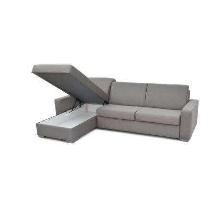 Canapé d'angle convertible en L LEKA gauche gris avec espace de rangement, idéal pour un couchage quotidien