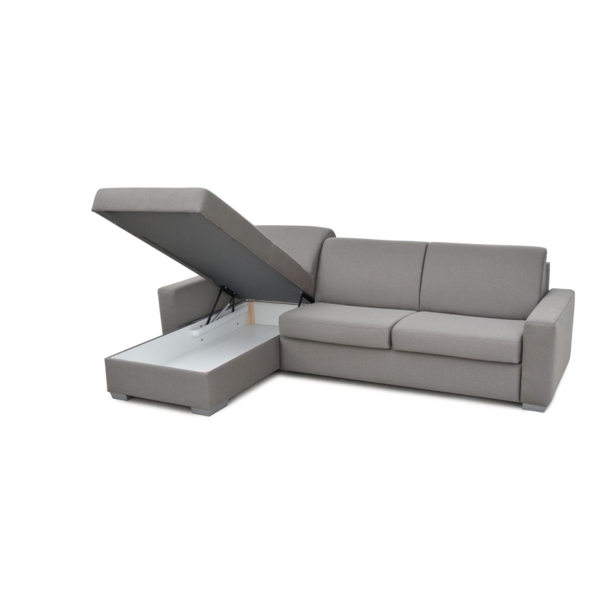 Canapé d'angle convertible en L LEKA gauche gris avec espace de rangement, idéal pour un couchage quotidien