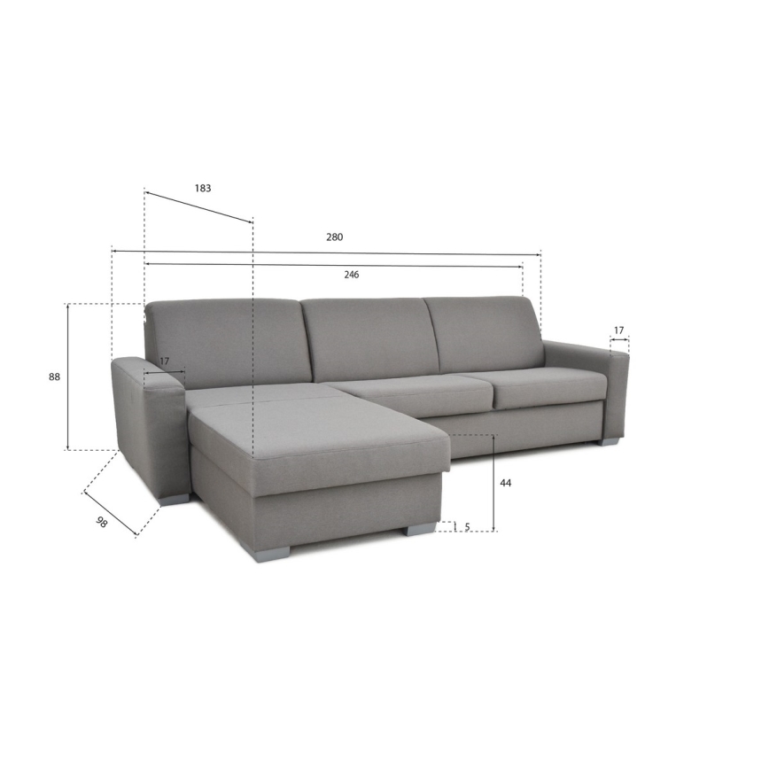 Canapé d'angle convertible en L LEKA gauche gris avec espace de rangement, idéal pour un couchage quotidien