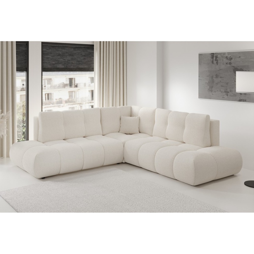 Canapé d'angle convertible rembourré ALMADA en L, version droite, beige, avec coffre de rangement