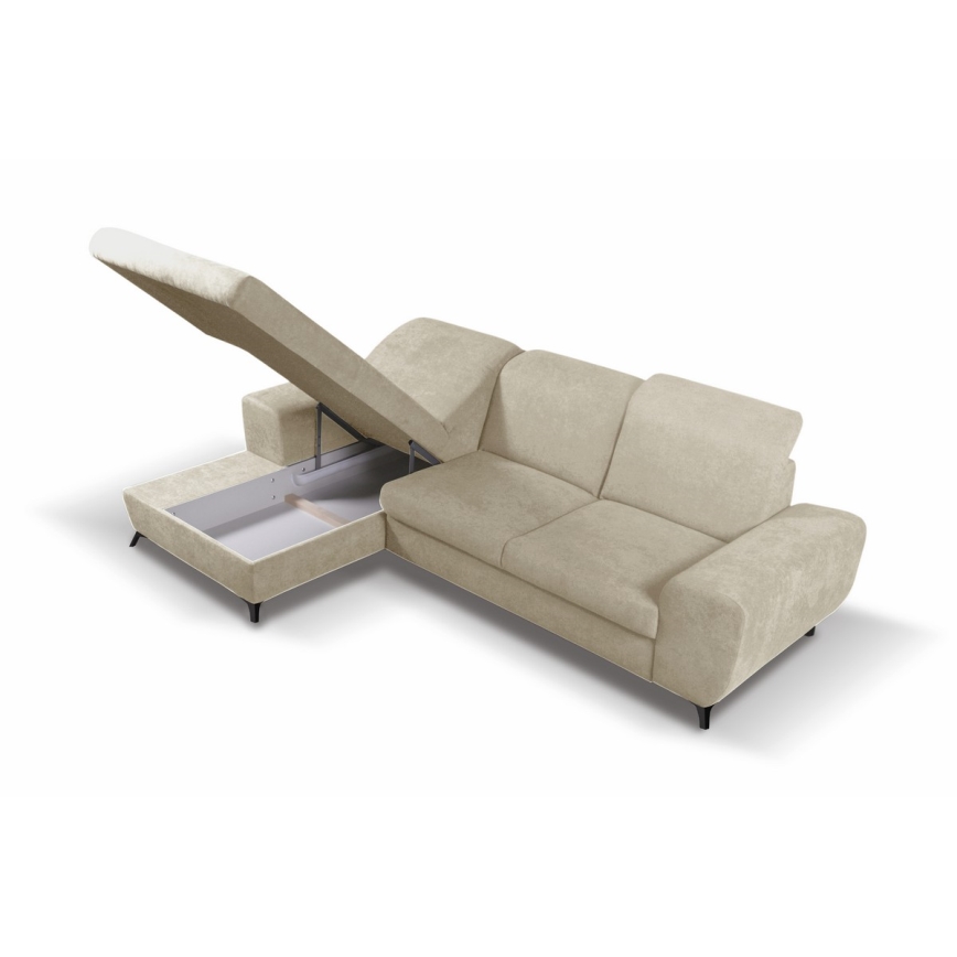 Canapé d'angle convertible rembourré ALTA en L, côté gauche, beige, avec coffre de rangement