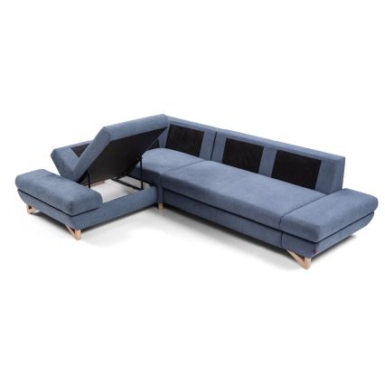 Canapé d'angle convertible rembourré AVESTA en configuration L (côté gauche), bleu, avec coffre de rangement