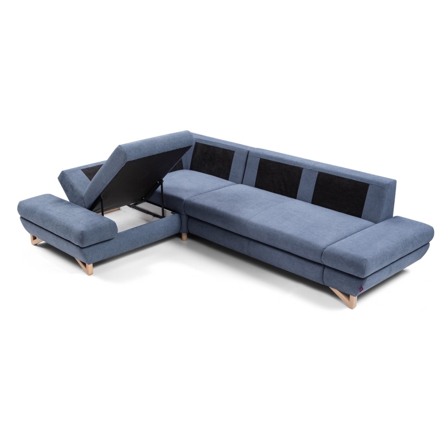 Canapé d'angle convertible rembourré AVESTA en configuration L (côté gauche), bleu, avec coffre de rangement