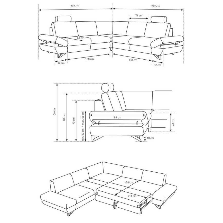 Canapé d'angle convertible rembourré AVESTA en L, anthracite, avec coffre de rangement