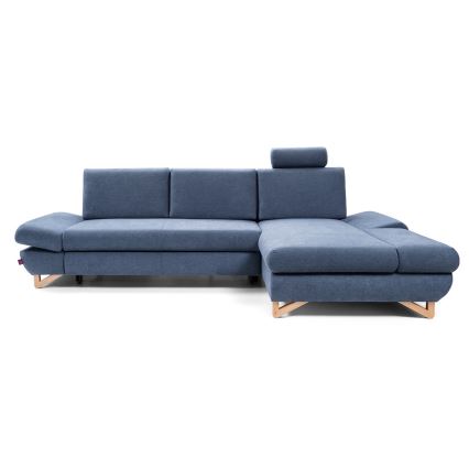 Canapé d'angle convertible rembourré AVESTA en L avec coffre de rangement, orientation droite, bleu