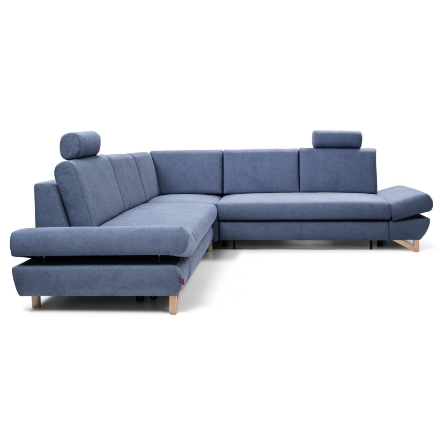 Canapé d'angle rembourré convertible en L AVESTA, bleu, avec coffre de rangement