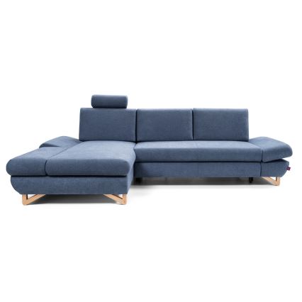 Canapé d'angle rembourré convertible AVESTA en L, version gauche, bleu, avec coffre de rangement intégré