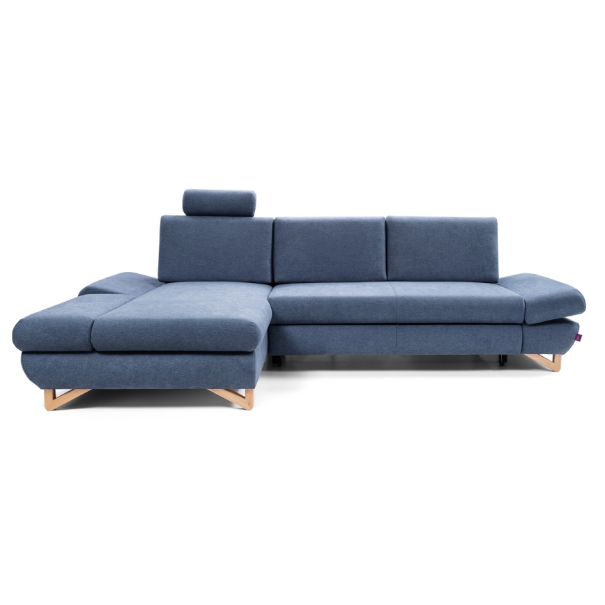 Canapé d'angle rembourré convertible AVESTA en L, version gauche, bleu, avec coffre de rangement intégré
