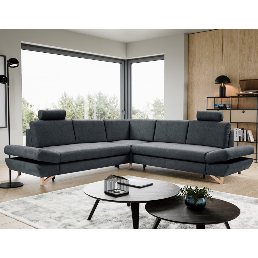Canapé d'angle convertible rembourré AVESTA en L, version droite, avec coffre de rangement, coloris anthracite