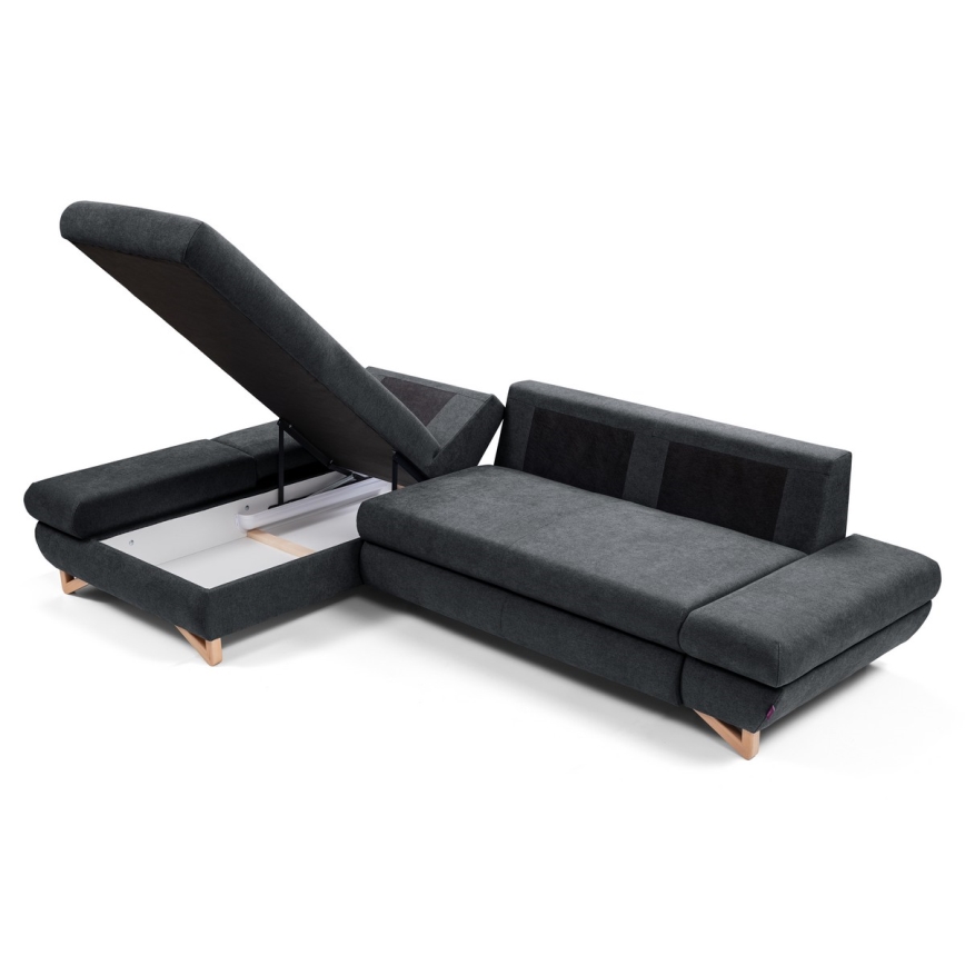 Canapé d'angle rembourré convertible en L AVESTA — version gauche, anthracite, avec coffre de rangement