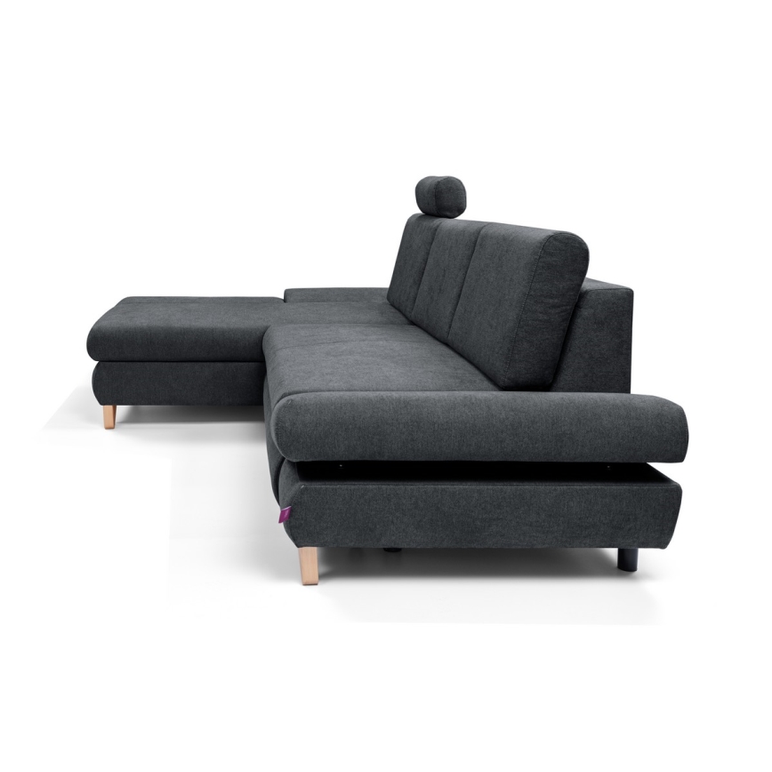 Canapé d'angle rembourré convertible en L AVESTA — version gauche, anthracite, avec coffre de rangement