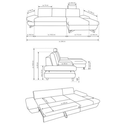 Canapé d'angle rembourré convertible en L AVESTA — version gauche, anthracite, avec coffre de rangement