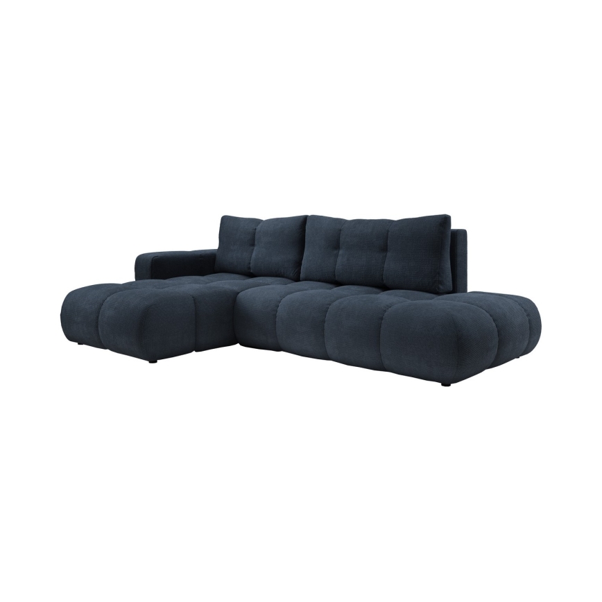 Canapé d'angle convertible en L ALMADA, rembourré et confortable, version gauche, avec coffre de rangement, bleu