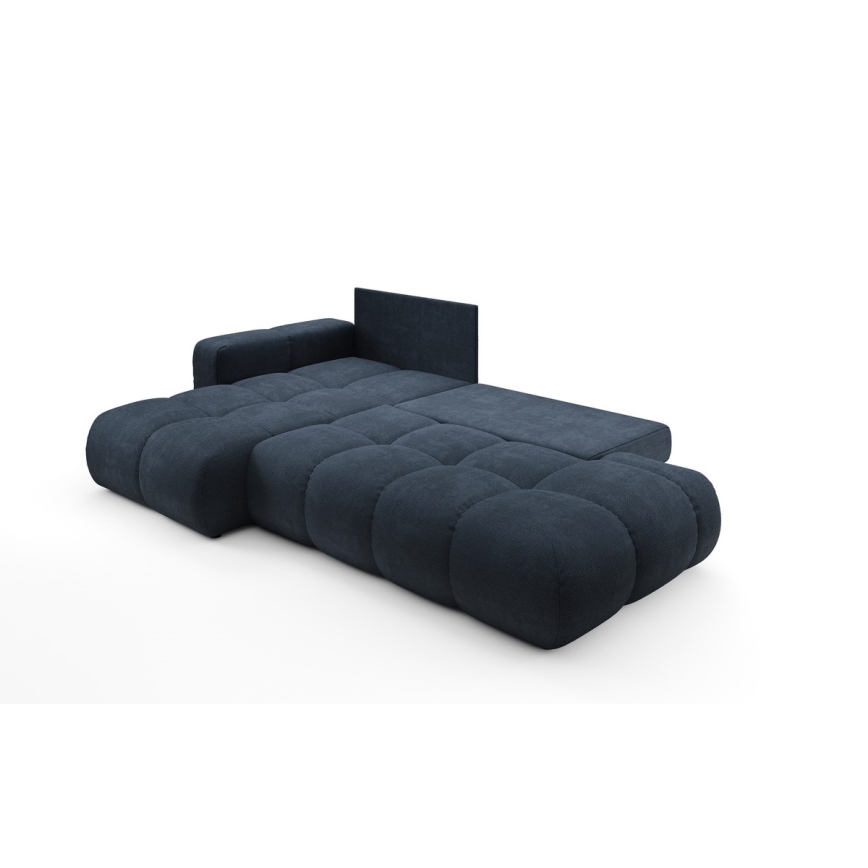 Canapé d'angle convertible en L ALMADA, rembourré et confortable, version gauche, avec coffre de rangement, bleu