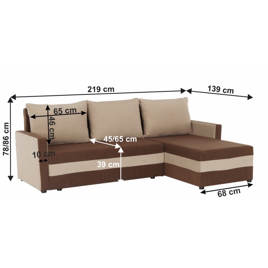 Canapé d'angle universel convertible en L BRISTOL, revêtement en tissu marron/beige