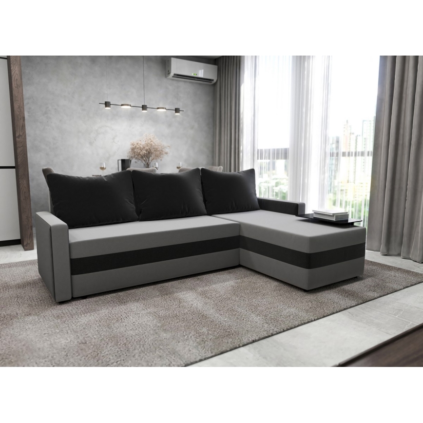 Canapé d'angle universel convertible en L BRISTOL, tissu gris/noir