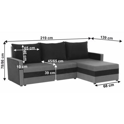Canapé d'angle universel convertible en L BRISTOL, tissu gris/noir