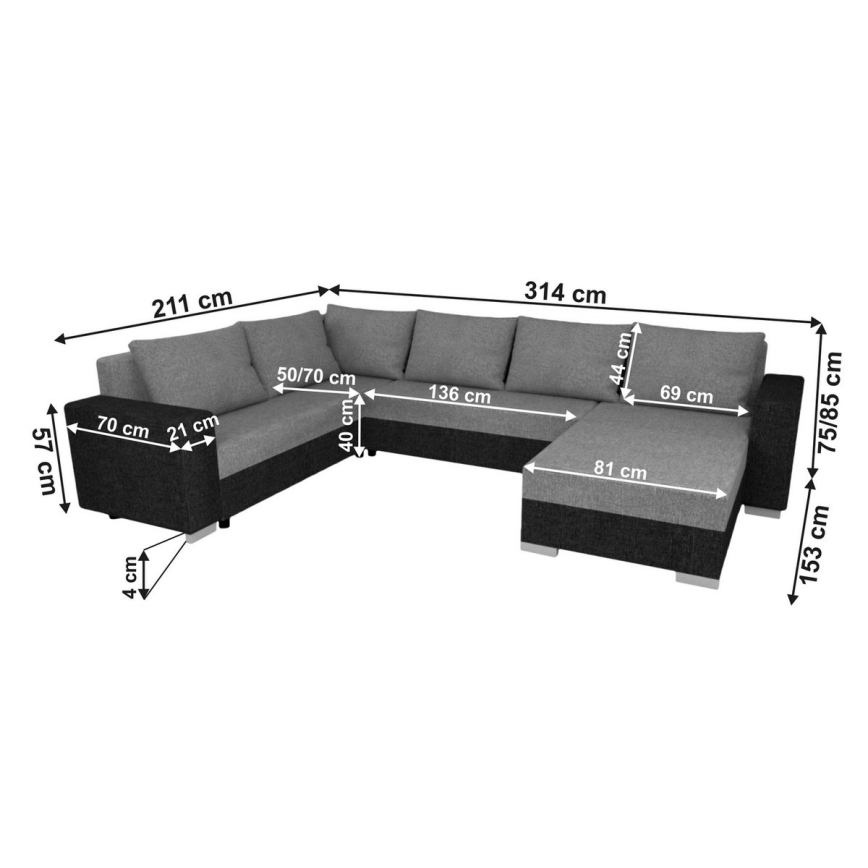 Canapé d'angle convertible universel en U YORK, noir/anthracite