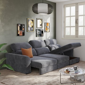 Canapé d'angle convertible universel trois places avec coffre de rangement intégré TRENTO anthracite
