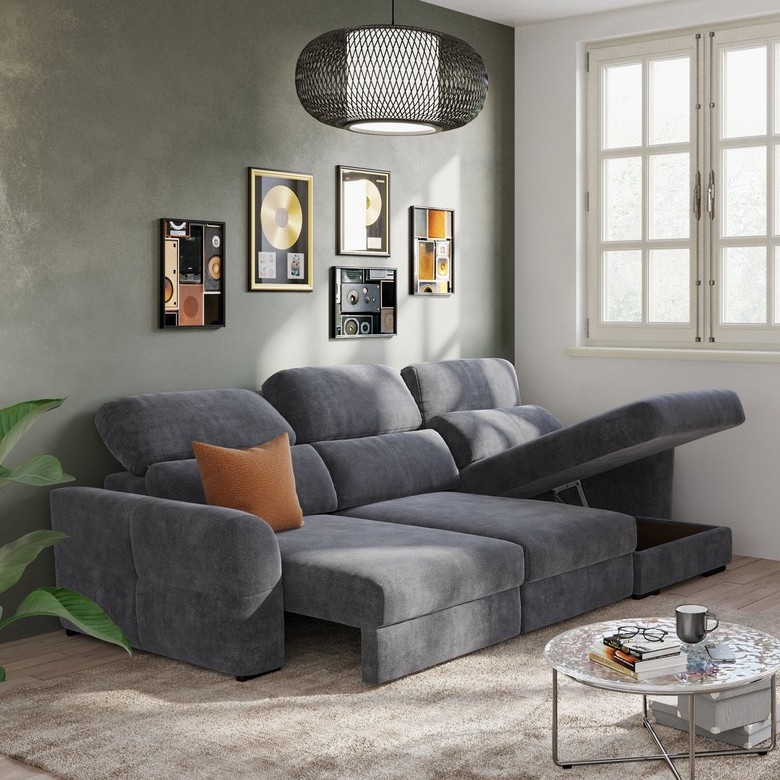 Canapé d'angle convertible universel trois places avec coffre de rangement intégré TRENTO anthracite