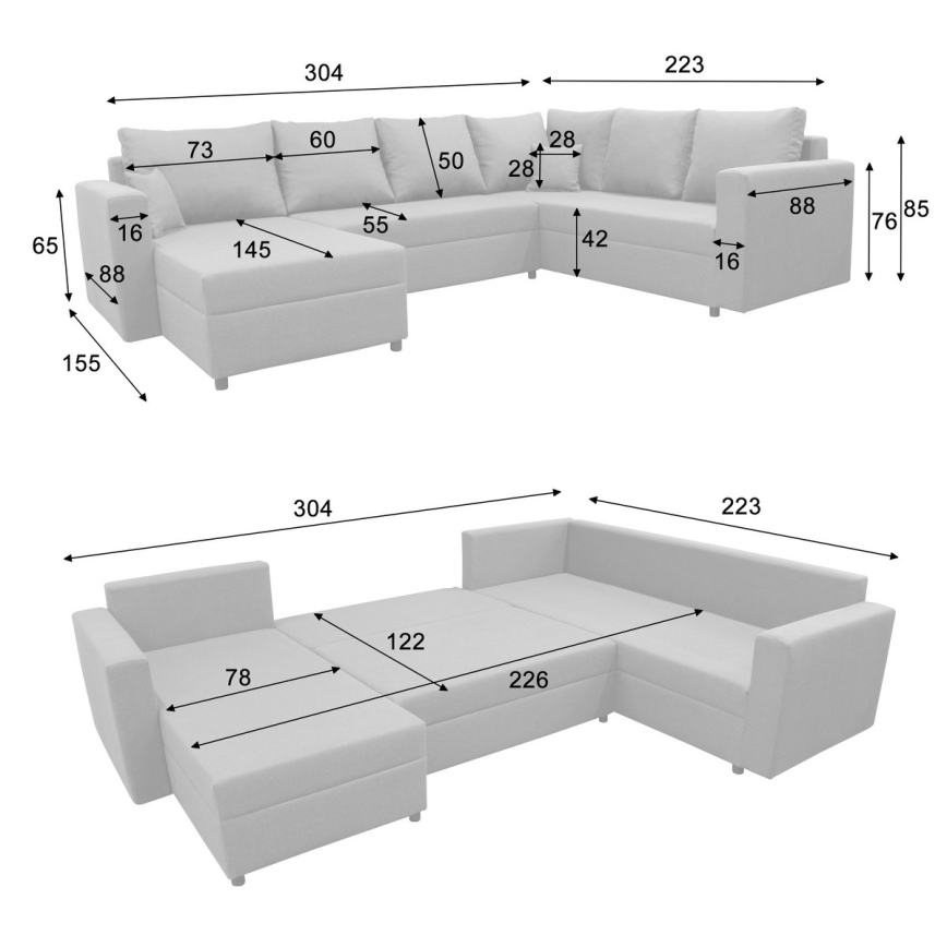 Canapé d'angle réversible convertible en U SEYA avec coffre de rangement, gris
