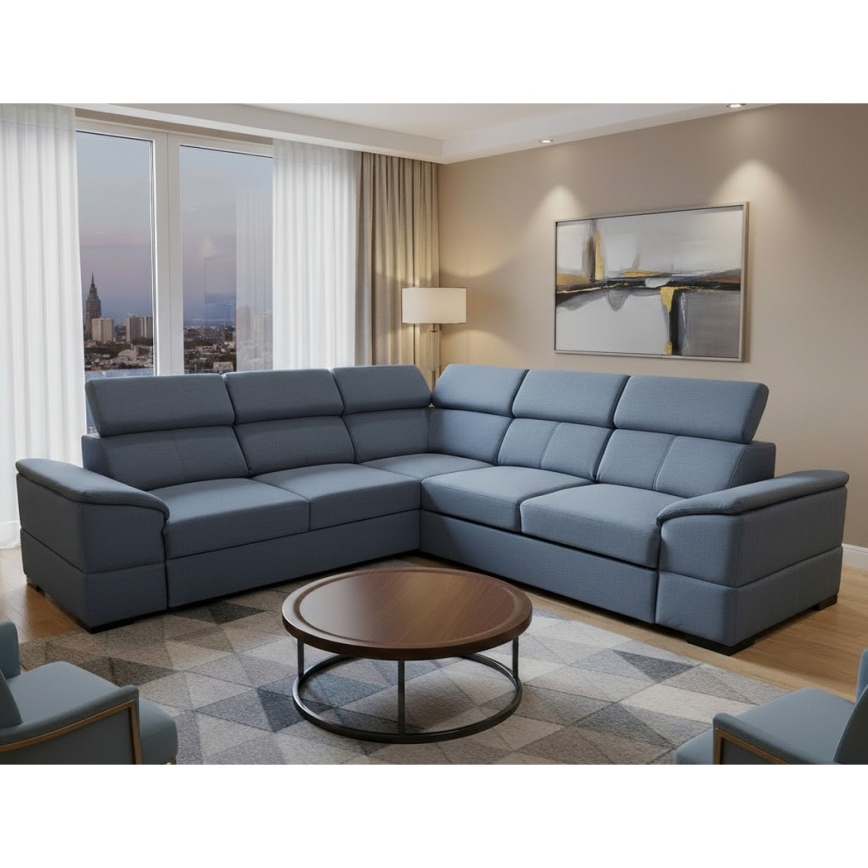 Canapé d'angle réversible et convertible GRANADA avec coffre de rangement, bleu