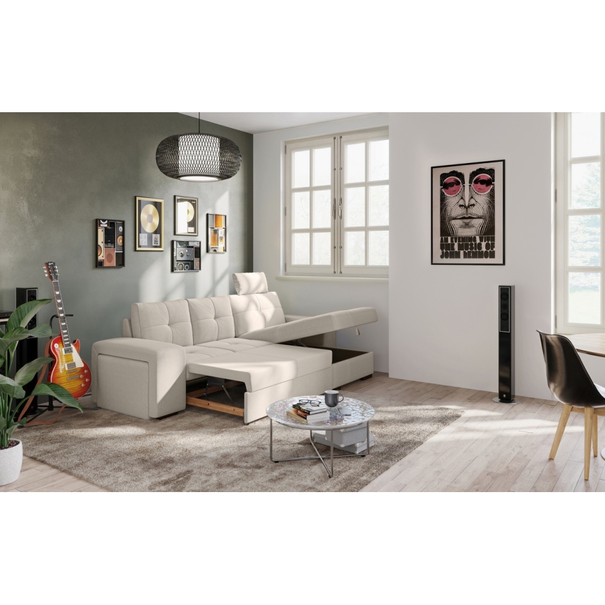 Canapé-lit d'angle avec rangement et pouf PALERMO gris clair, angle droit