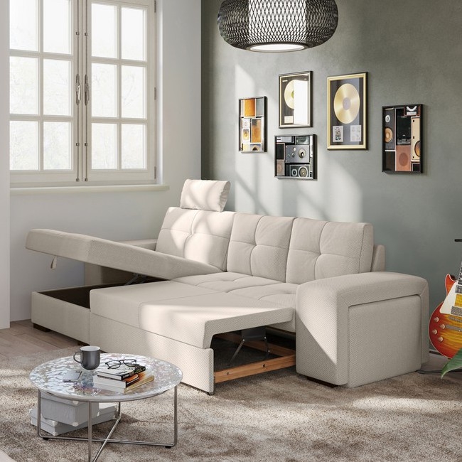 Canapé-lit PALERMO avec coffre de rangement et pouf, gris clair, version gauche