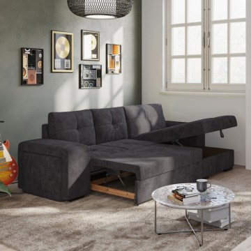 Canapé-lit PALERMO avec coffre de rangement et pouf, noir, version droite