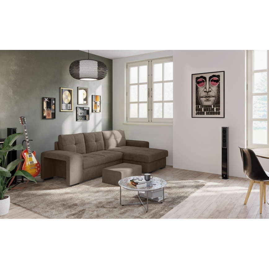 Canapé-lit d'angle avec rangement et pouf PALERMO marron droit
