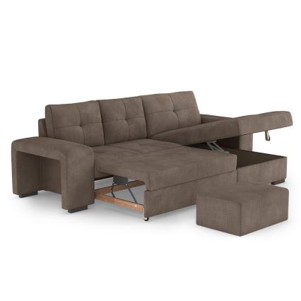 Canapé-lit d'angle avec rangement et pouf PALERMO marron droit
