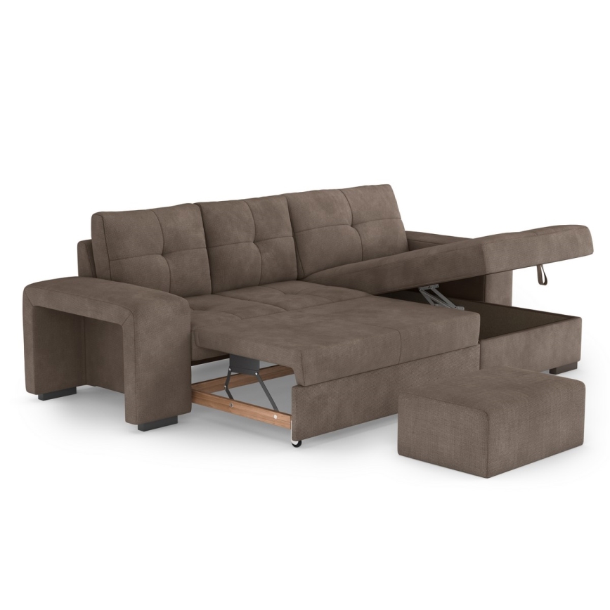Canapé-lit d'angle avec rangement et pouf PALERMO marron droit