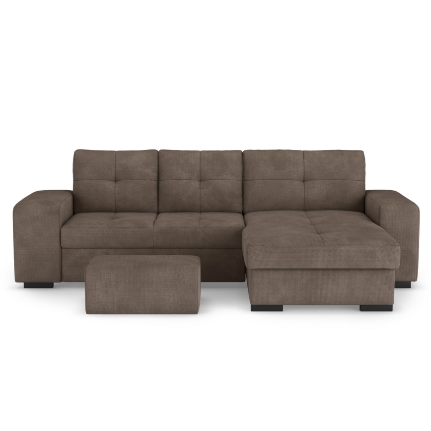 Canapé-lit d'angle avec rangement et pouf PALERMO marron droit