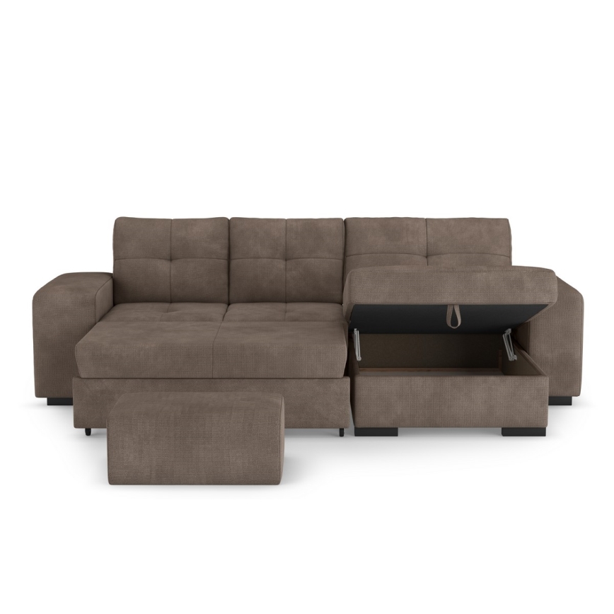 Canapé-lit d'angle avec rangement et pouf PALERMO marron droit