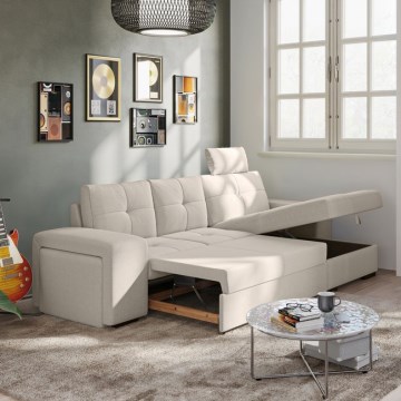 Canapé-lit PALERMO, gris clair, angle droit, avec coffre de rangement et pouf