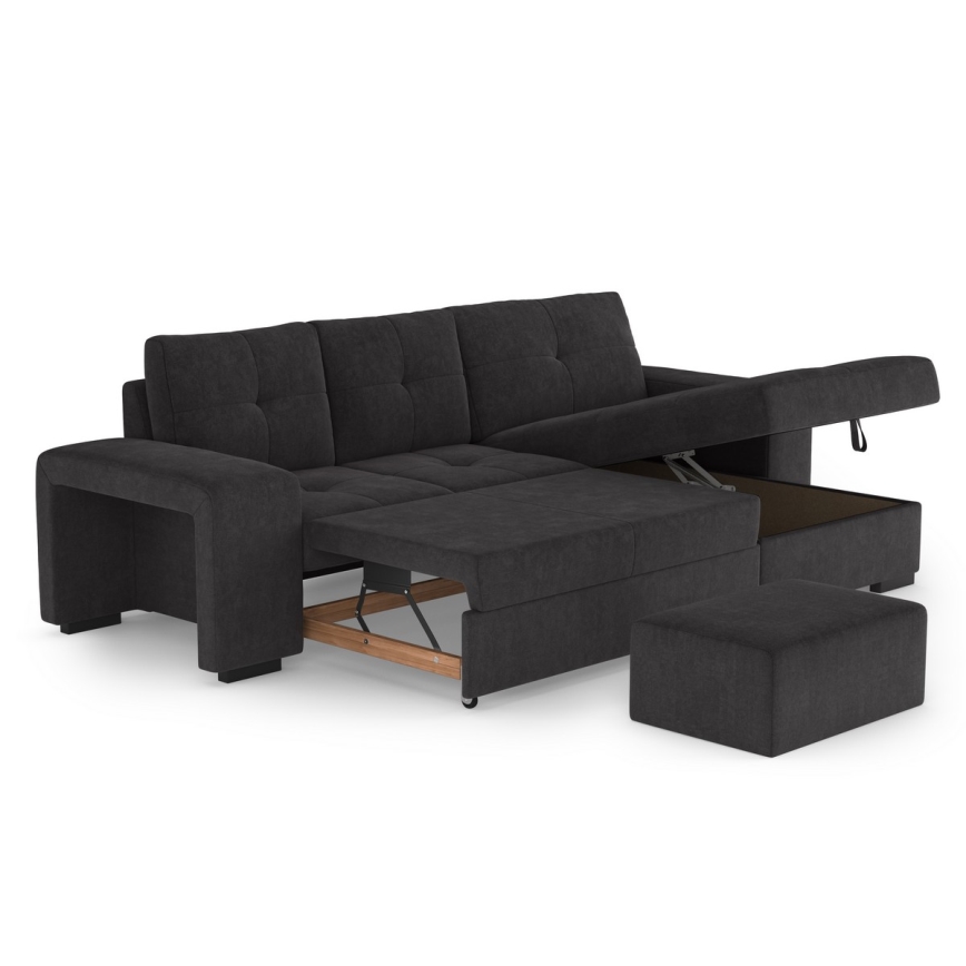 Canapé-lit d'angle avec rangement et pouf PALERMO noir, angle droit