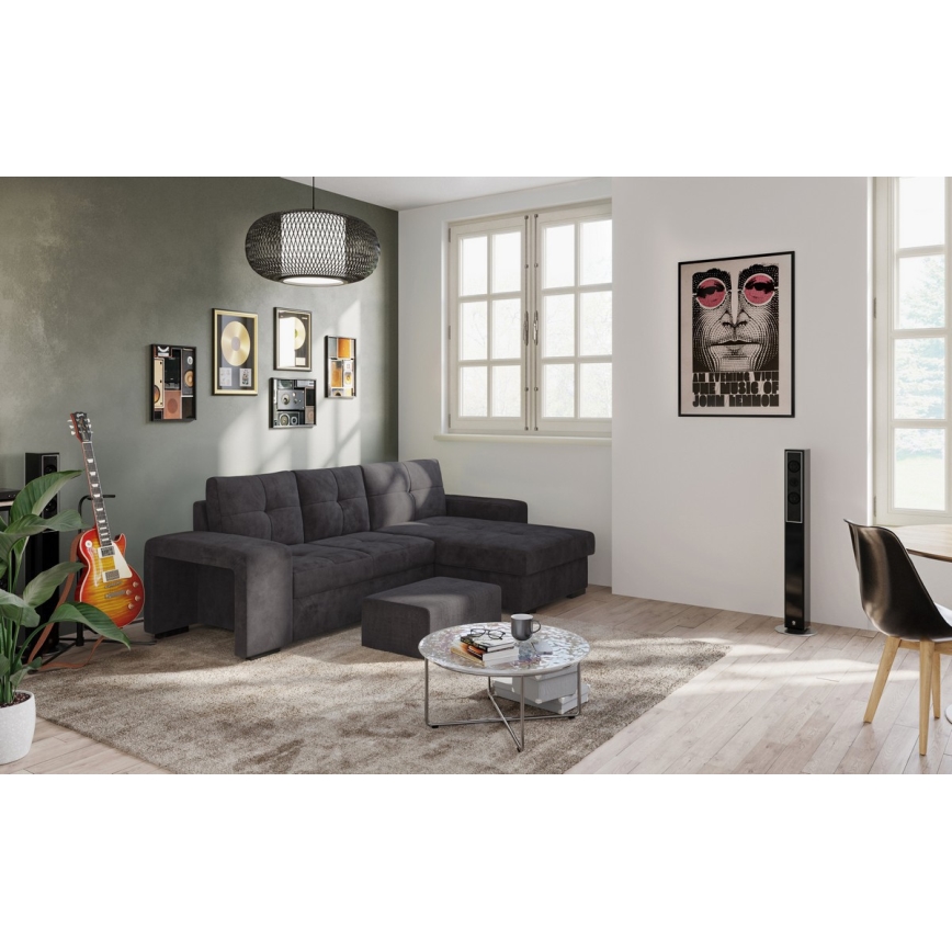 Canapé-lit d'angle avec rangement et pouf PALERMO noir, angle droit