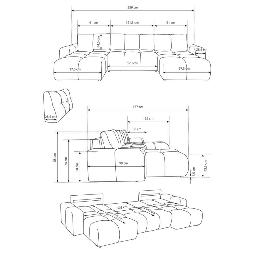 Canapé-lit rembourré en U ALMADA avec coffre de rangement, beige