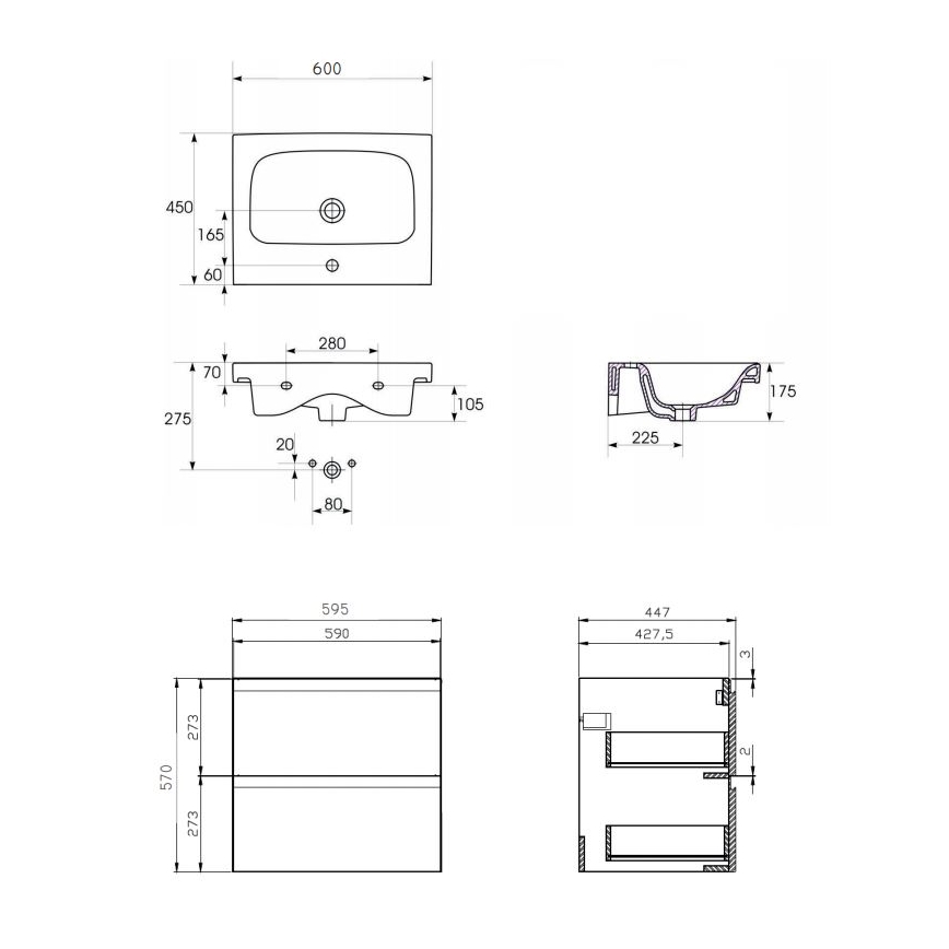 Cersanit S801-223-DSM - Meuble de salle de bain suspendu avec lavabo MODUO 62x60 cm blanc brillant