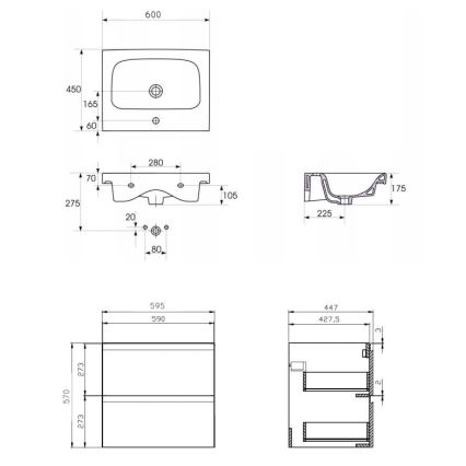 Cersanit S801-223-DSM - Armoire suspendue pour salle de bains avec vasque MEDDIE 62x60 cm blanc brillant
