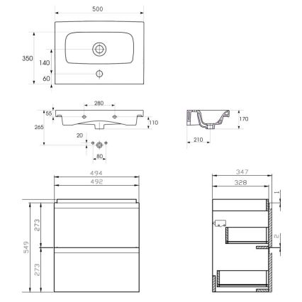 Cersanit S801-229-DSM - Armoire suspendue pour salle de bains avec vasque MEDA SLIM 62x50 cm blanc brillant
